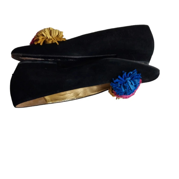 Escada Black Suede Pom Pom Flats Square Toe - Picture 10 of 15